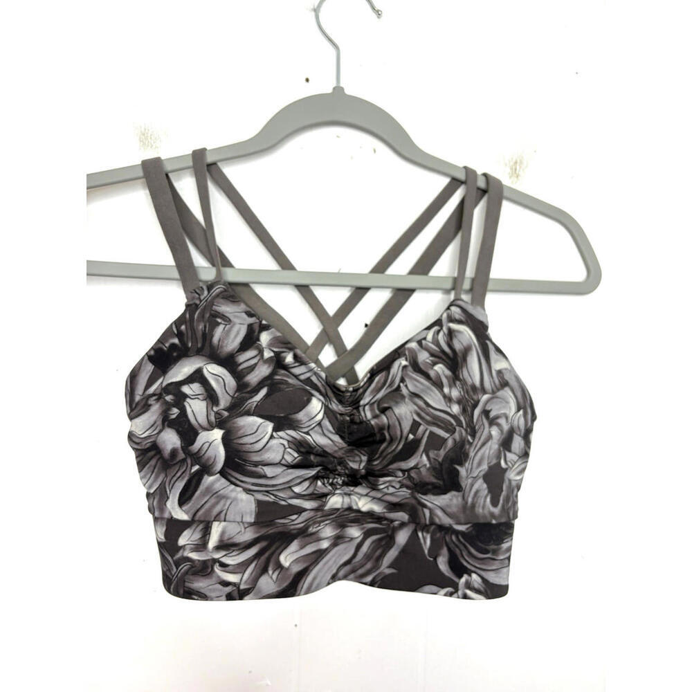 Handful Bra Womens Small Padded Crossed Straps Ruched Front Dark Florals Workout